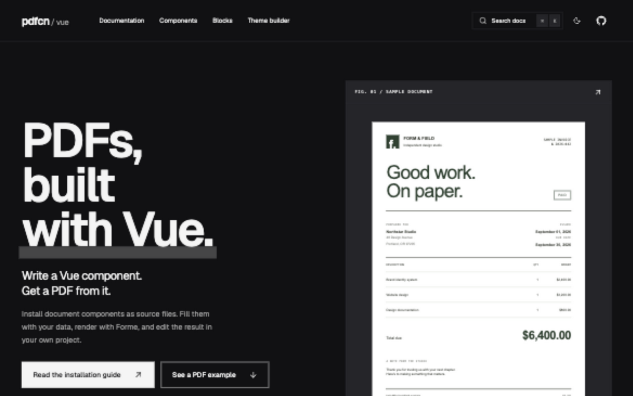 pdfcn-vue landing page with Vue PDF components and a sample invoice